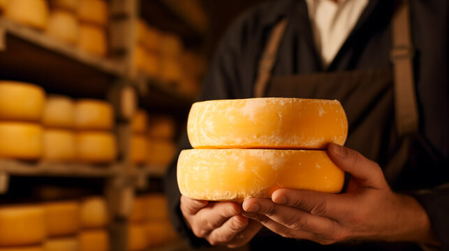 Un fromager pr&eacute;sentant des meules de fromage affin&eacute;es.