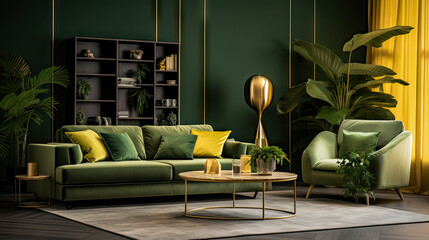 Luxury living room in house with modern interior design, green velvet sofa, coffee table, pouf, gold decoration, plant, lamp, carpet, mock up poster frame and elegant accessories. Template.