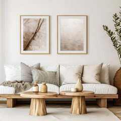 White living room interior with sofa and chairs, coffee table with books and decoration. Modern large lamp. Mockup copy space wall