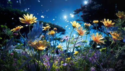Fototapeta na wymiar Meadow flowers against the background of the evening starry sky