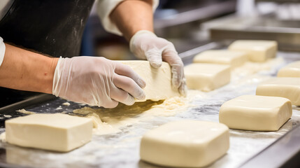 Fototapeta na wymiar Un fromager en train de fabriquer du fromage artisanal dans une fabrique. 