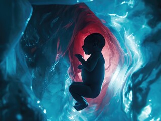 Cinematic shot of a fetus inside a glowing womb, positioned with its back to the viewer, seemingly levitating.  
