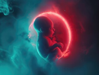 Cinematic shot of a fetus inside a glowing womb, positioned with its back to the viewer, seemingly levitating.  
