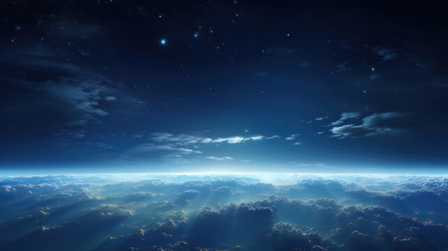 Celestial elegance in a panoramic space perspective on Earth,  where city lights twinkle amid light clouds that evolve with the rhythm of the seasons