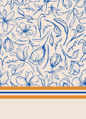 Hand drawn botay with stripes seamless repeat border print. Random placed, vector flowers, leaves, herbs all over surface print on beige background.