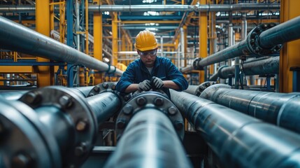 Male worker inspection at steel long pipes and pipe elbow in station oil factory during refinery valve of visual check record pipeline oil and gas industry. - obrazy, fototapety, plakaty