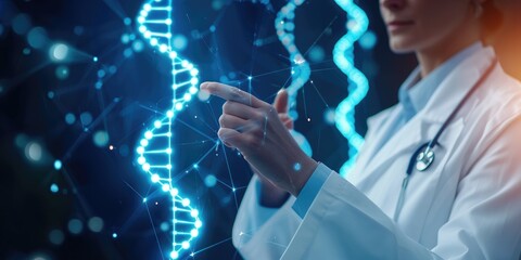 Doctor touching icon DNA. Digital healthcare and medical diagnosis of patient with network connection on modern interface. Healthcare and medical concept