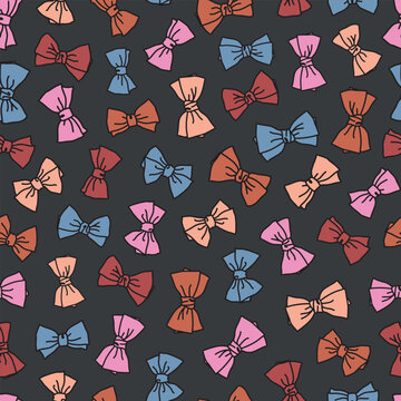 Multicolored, retro hand drawn bows seamless repeat pattern. Random placed, vector accessories all over surface print aop on grey background.