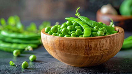 Delicious and fresh green peas in a beautiful wooden bowl. Proper dietary nutrition