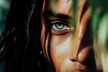 Close-up portrait of a young woman with intense gaze, half-hidden behind natural greenery, illuminated by sunlight, showing detailed skin texture.