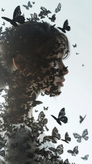 Woman profile with butterflies dispersing from head, concept of mental health