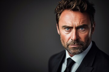 Obraz premium A close-up portrait of a mature businessman with a serious and determined expression on a grey background.
