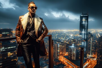 Stylish man in an elegant coat standing on a rooftop with a stunning cityscape illuminated at night in the background.