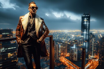 Fototapeta na wymiar Stylish man in an elegant coat standing on a rooftop with a stunning cityscape illuminated at night in the background.