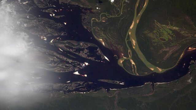 Satellite view aerial animation of river course in amazon forest, Rio Negro in Brazil, based on image by Nasa