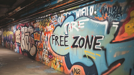 Graffiti wall background with text message FREE ZONE and paint splashes