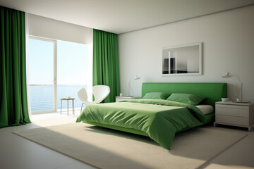 Green color minimal bedroom interior with bed and luxury decoration
