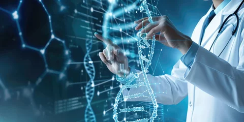 Foto op Canvas Doctor touching icon DNA. Digital healthcare and medical diagnosis of patient with network connection on modern interface. Healthcare and medical concept © piai