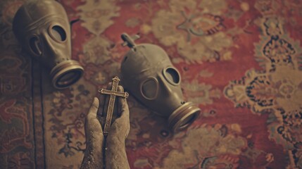 a vintage photo of a figure holding a cross with soviet gas mask
