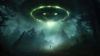 Green light UFO flying over foggy and dark forest, mysterious alien theme. Generative ai
