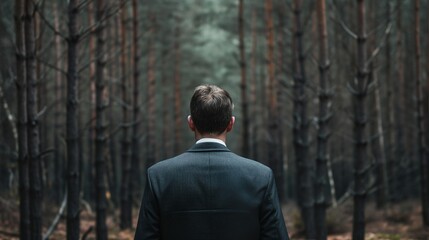 Fototapeta na wymiar A determined businessman in a suit pauses at the edge of a dense, ominous forest, symbolizing the daunting challenges and uncertainties he faces in his professional journey.
