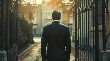 A confident businessman in a sharp suit pauses at the entrance of grand, open gates leading to a path of opportunities, symbolizing new ventures and strategic decisions in the corporate world.