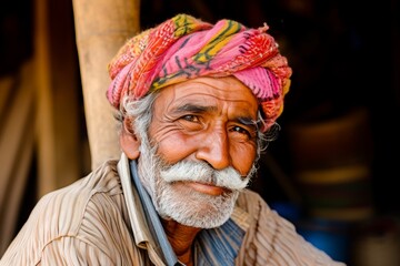 A portrait of an elderly Indian man with a colorful turban, warm smile, and expressive wrinkles.