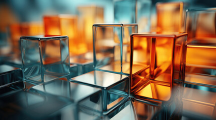 3D abstract background of reflective teal and orange glass cubes with copy space