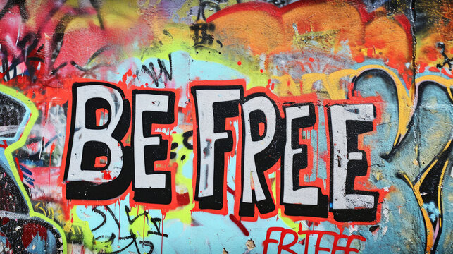Graffiti wall background with text message BE FREE and paint splashes © dvoevnore