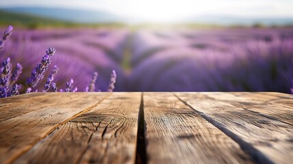 Empty wooden brown table top with blur background of lavender fields