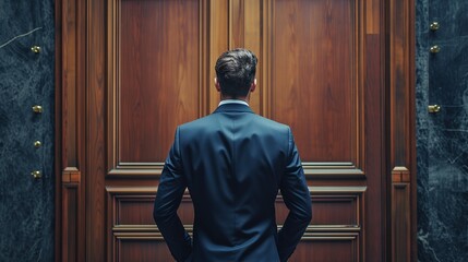 Businessman in a suit stands perplexed before a set of imposing locked doors, symbolizing obstacles such as business challenges, and impasses. - obrazy, fototapety, plakaty