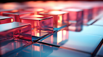 3D abstract background of reflective blue and pink glass cubes with copy space