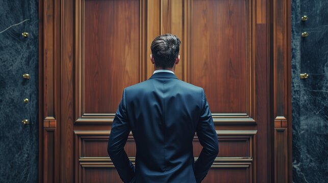 Businessman in a suit stands perplexed before a set of imposing locked doors, symbolizing obstacles such as business challenges, and impasses.