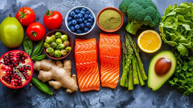 Top view of healthy vegetables, berries and a piece of fresh salmon. The concept of the benefits of plant vitamins, protein and omega