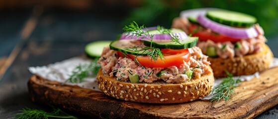 bagel open-faced sandwich, generously topped with tuna salad, slices of ripe tomato, crisp cucumber, and purple onion rings, garnished with fresh dill, portraying a fresh, gourmet brunch option