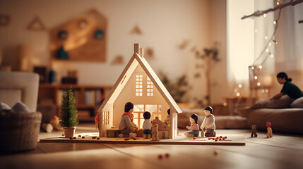 A miniature house indoors with a roof and mini family replica in front of it, AI-generated  - obrazy, fototapety, plakaty