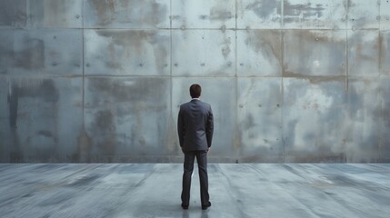 A determined businessman in a suit stands perplexed before a towering wall, symbolizing a sudden, insurmountable obstacle and a dead-end in his career path, with no clear way forward.