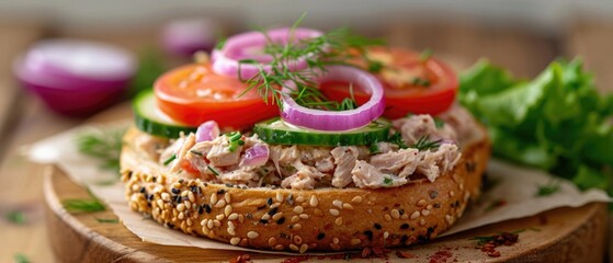 bagel open-faced sandwich, generously topped with tuna salad, slices of ripe tomato, crisp cucumber, and purple onion rings, garnished with fresh dill, portraying a fresh, gourmet brunch option