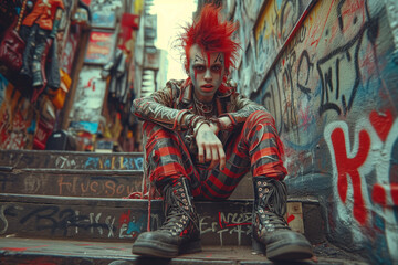 Punk man in urban graffiti background
