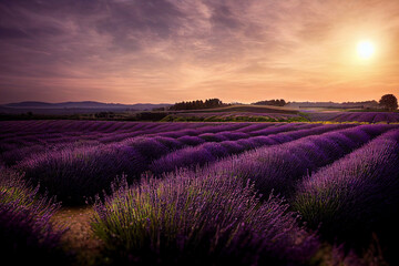 Purple lavender fields at sunset, beautiful summer landscape with violet flowers at countryside, blooming lavender lines at france