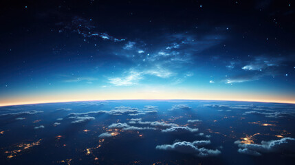 Panoramic space view of Earth,  city lights twinkling amidst varying light clouds,  showcasing the planets dynamic beauty