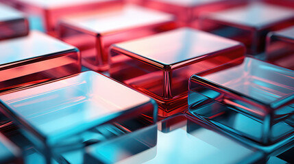 3D abstract background of reflective blue and pink glass cubes with copy space