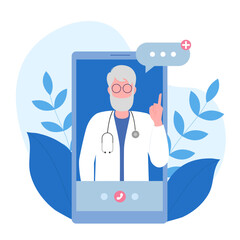 Senior Doctor. Consultation with a doctor using a mobile phone or application. Vector illustration in flat cartoon style. The concept of protection and medicine.