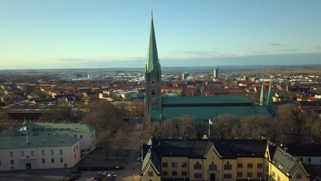 Aerial view of old historical Linkoping city in Sweden. European architecture in scandinavian town.