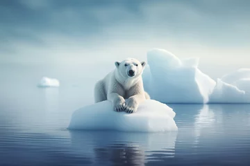 Foto op Canvas Majestic polar bear in the arctic, sitting on an ice floe, reflecting in the water, and looking out into the frozen landscape. Global warming concept. © iconogenic