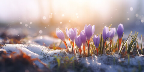 Springtime blossom with a focus on a purple crocus, creating a fresh and vibrant scene in the winter landscape. - obrazy, fototapety, plakaty