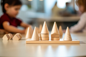 Children Engaged in Play with Wooden Geometric Toys