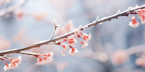 Close-up of cherry blossom buds in winter, creating a delicate and cold scene with a focus on the new life of budding flowers. - obrazy, fototapety, plakaty