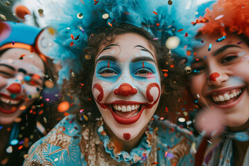  Young girls having fun in clown costume at carnival