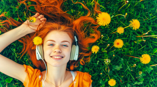 serene image of relaxation and self-care. Joyful young woman lies in summer field of dandelions, headphones on, embodying essence of mental health and importance of 'me time' in tranquility of nature